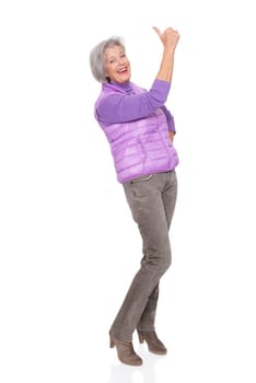 Studio recording of a middle-aged woman against a white background