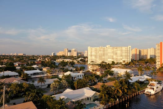 FORT LAUDERDALE, FLORIDA - OCTOBER 6, 2013: Overlooking the Intracoastal waterway and tropical Atlantic coast a glowing sky shines its beautiful evening tranquility on this tropical coastal city.