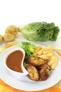 a currywurst with fries and salad