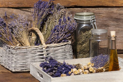 Summer harvest Lavender and poppy in the garden