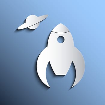 Retro rocket in space. Abstract 3d paper graphics.