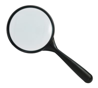 Black magnifying glass isolated on white background.