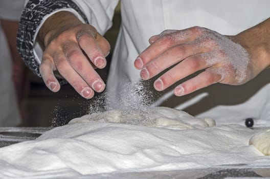 Handling, working and cooking pizza dough with shovel