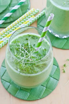 Gruener Smoothie made from fresh vegetables with kraeutern
