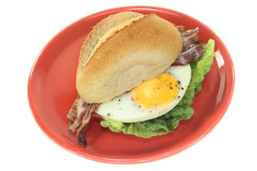 a bun covered with fried egg,bacon and salad