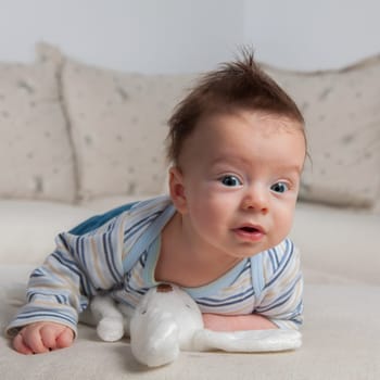 Studio portrait of a 3 months baby boy at home.