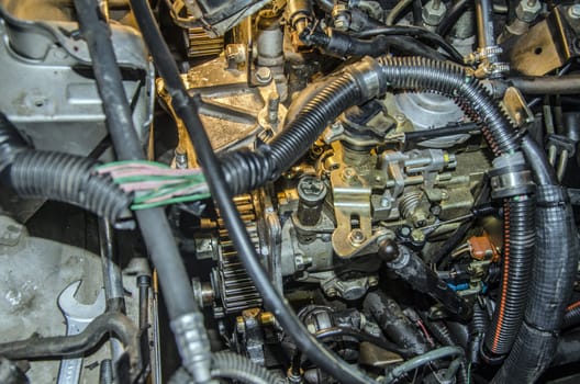 Close picture at old engine, with many elements and great details.