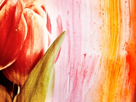 Red tulips over grunge painted background