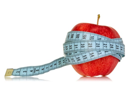 Diet concept with apple and measuring tape, isolated on white background