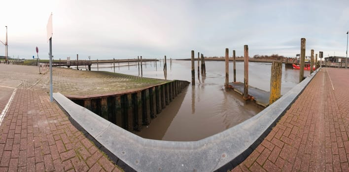 Panoramic view of the marina without boats in Bensersiel / East Frisia in autumn 2013