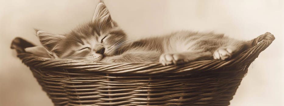 A small fluffy kitten lies in a wicker basket, Generative AI, animals