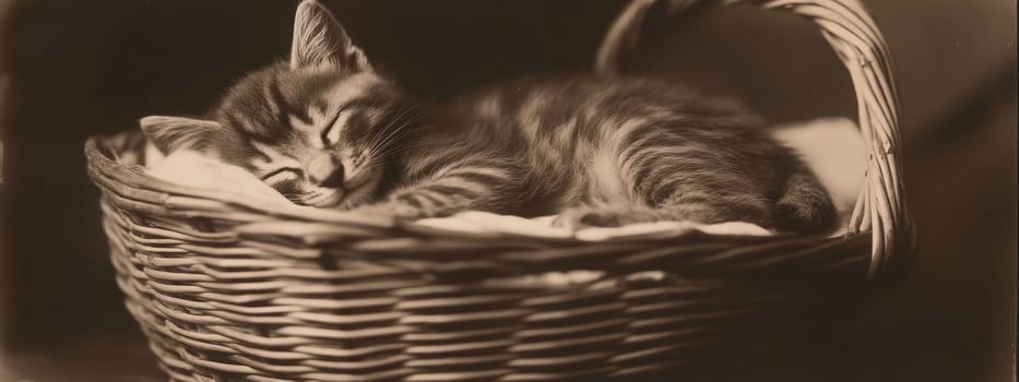 A small fluffy kitten lies in a wicker basket, Generative AI, animals