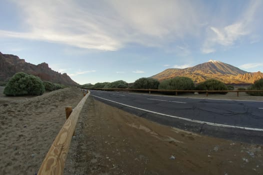 HDR Desert Lonely Road Landscape in Volcan Teide National Park, Tenerife, Canary Island, Spain