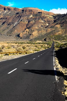 Desert Lonely Road Landscape in Volcan Teide National Park, Tenerife, Canary Island, Spain