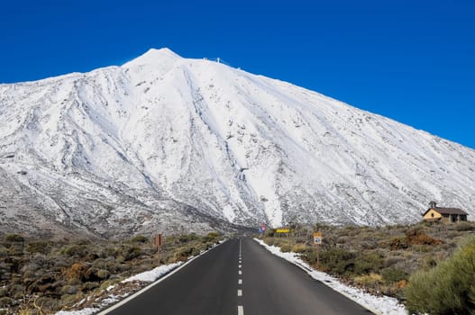 Snow Desert Lonely Road Landscape in Volcan Teide National Park, Tenerife, Canary Island, Spain