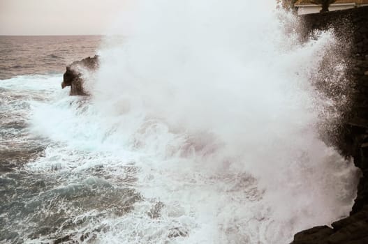 Strong Waves Crashing on the Volcanic Coast in Tenerife Canary Islands