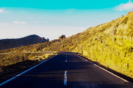 Desert Lonely Road Landscape in Volcan Teide National Park, Tenerife, Canary Island, Spain