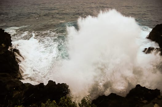 Strong Waves Crashing on the Volcanic Coast in Tenerife Canary Islands