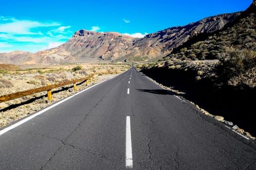 Desert Lonely Road Landscape in Volcan Teide National Park, Tenerife, Canary Island, Spain
