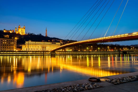 night view from Lyon city near the Fourviere cathedral and Saône river