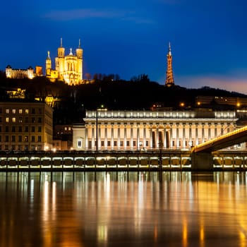 night view from Lyon city near the Fourviere cathedral and Saône river