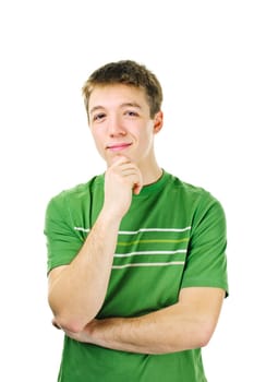 Smiling young man having an idea standing isolated on white background