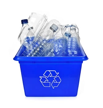 Recycling box filled with clear plastic containers isolated on white