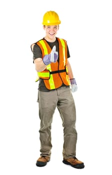 Smiling male construction worker showing thumbs up in safety vest and hard hat