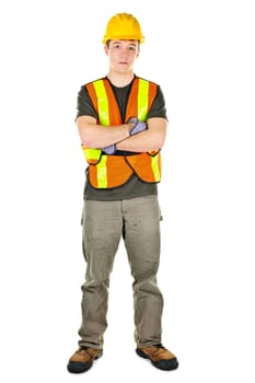 Serious male construction worker in safety vest and hard hat