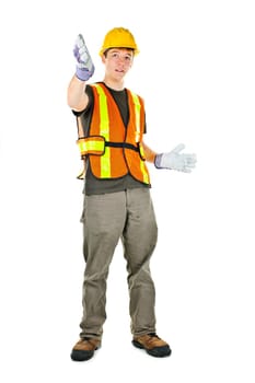 Male construction worker directing with hand signals in vest and hard hat