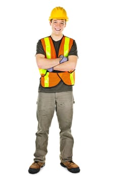 Smiling male construction worker in safety vest and hard hat
