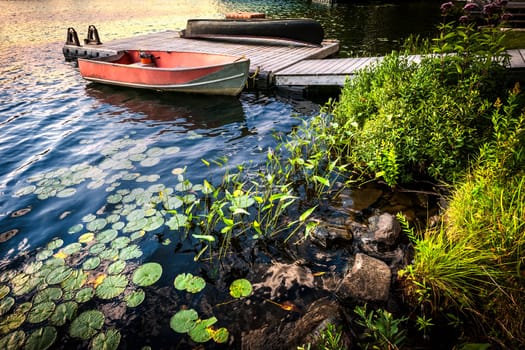 Rowboat tied to dock on beautiful lake at rocky shore with aquatic plants. Ontario, Canada.