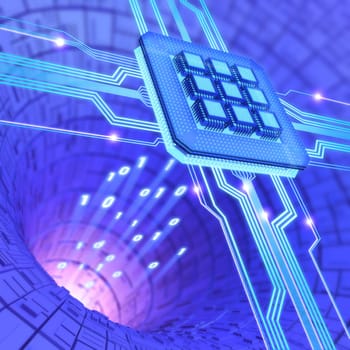 Central Processing Unit. A processor (microchip) interconnected receiving and sending information. Concept of technology and future.