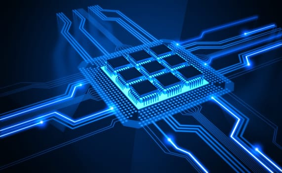 Central Processing Unit. A processor (microchip) interconnected receiving and sending information. Concept of technology and future.
