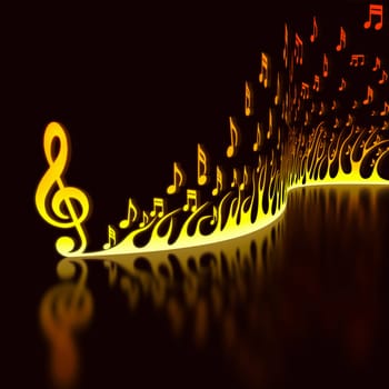 Flame of musical notes on the reflective floor..