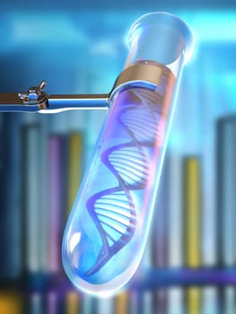 Test tube with DNA in a liquid with a background representing a laboratory.