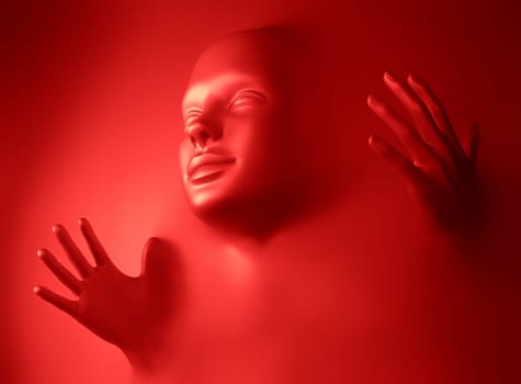 Head and hands coming out of a red wall. Concept of fear, panic, without air, without moving.