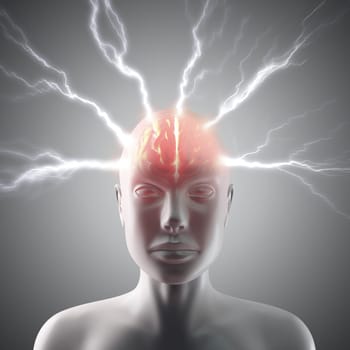 Lightning going through the head and brain. Concept of headache or the power of mind.