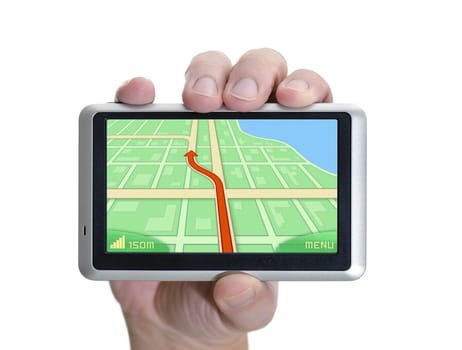 GPS device in hand over white.