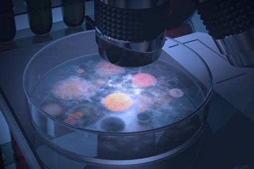 Bacteria and fungus growing up in a petri dish.