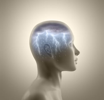 Storm inside the head. Lightning and rain falls from the clouds symbolizing the concept of brainstorm.