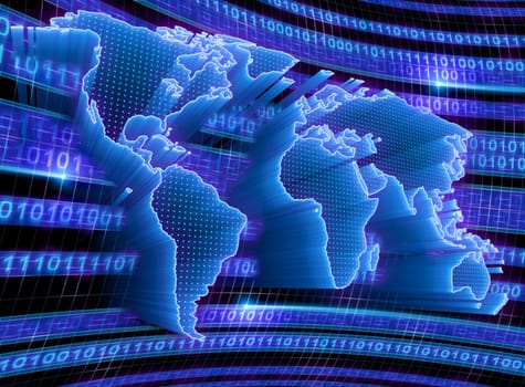 3D World Map with binary code, dots and lights representing the digital world. Concept of digital technology around the world.
