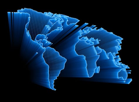 3D World Map with dots and lights representing the digital world. Concept of digital technology around the world.