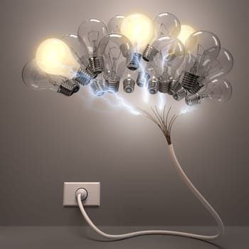 Grouped lamps shaped brain. Some lamps lighting, concept of active neurons.
