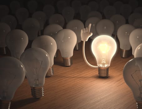 Incandescent bulb with an idea. Concept of leadership.