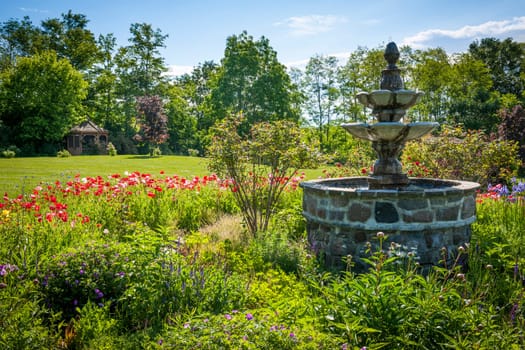Lush green garden with tiered stone fountain