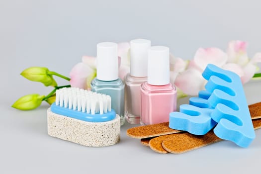 Pedicure accessories and tools with nail polish