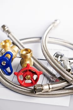 Plumbing valves hoses and assorted parts with estimate sheet
