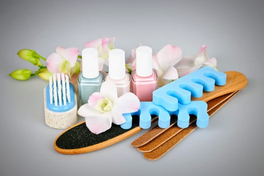 Pedicure accessories and tools with nail polish