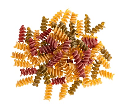 Uncooked multicolored kamut pasta isolated on white background